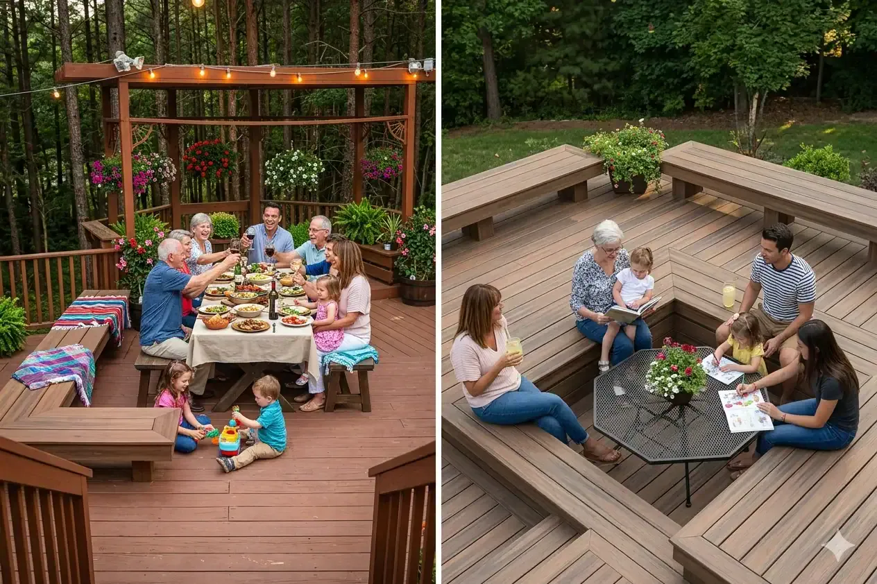A clean, uncluttered backyard deck prepared for outdoor family photography