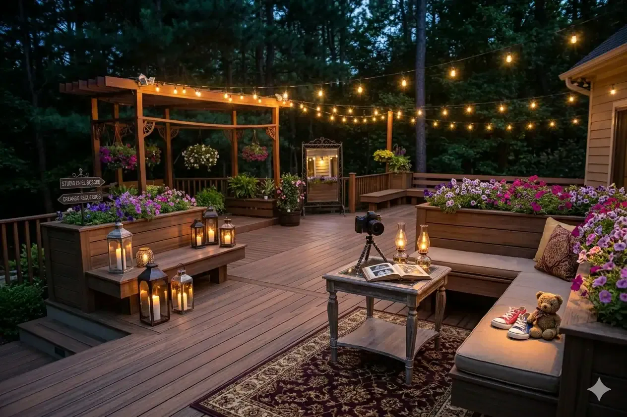 Well-maintained backyard deck serving as a scenic base for family photos